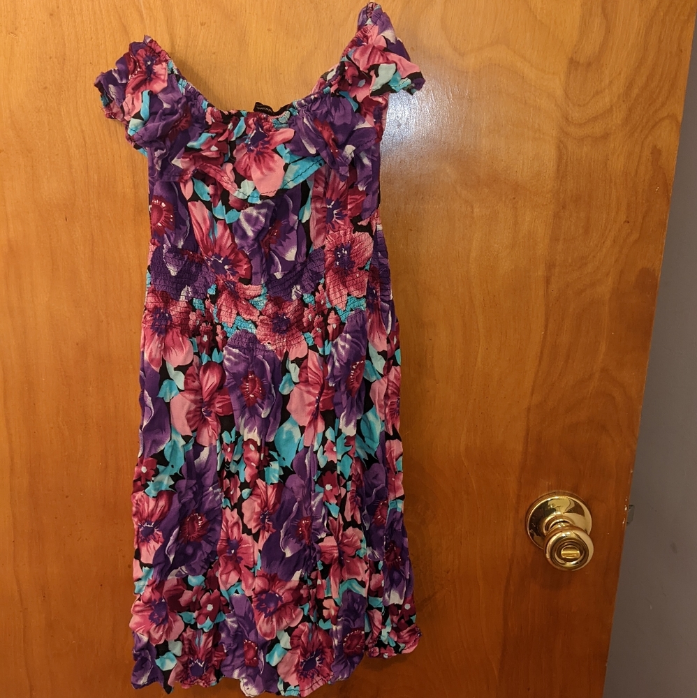 Sleeveless Floral Dress, Size M, Pink/Purple/Black/Blue